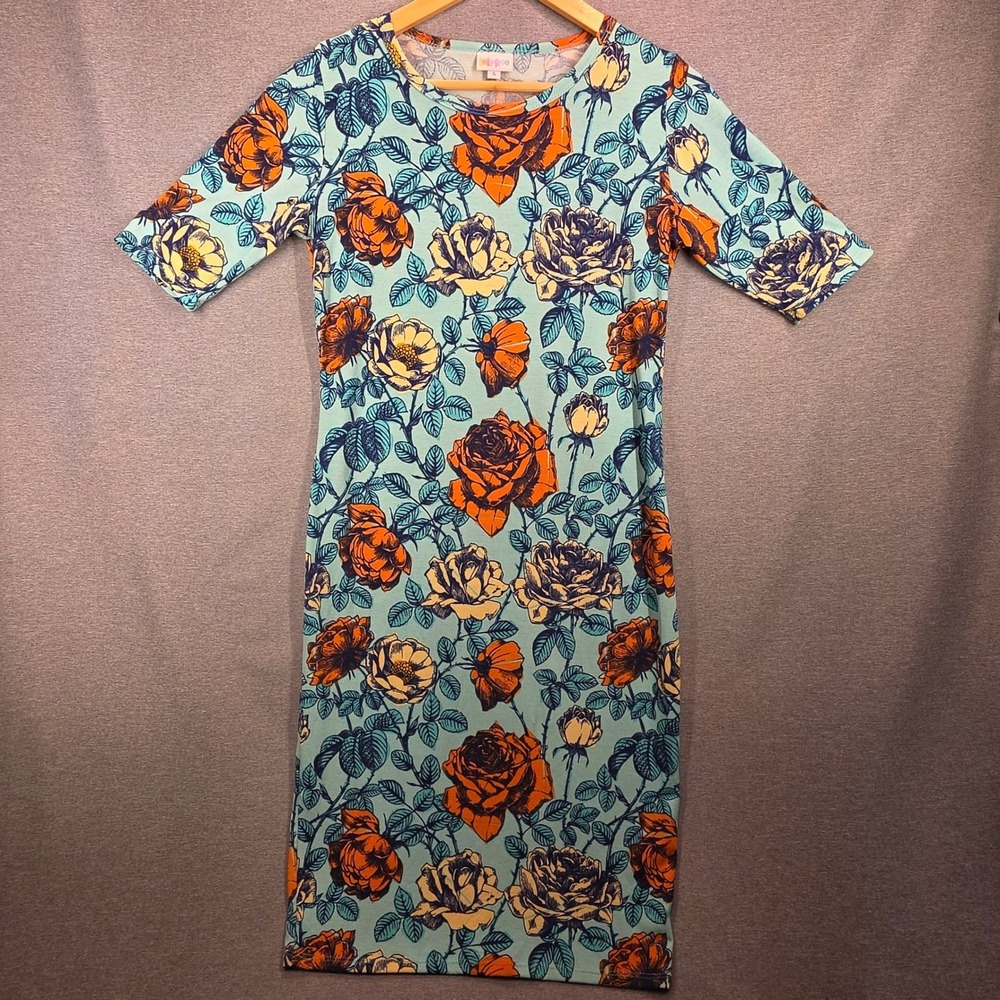 LuLaRoe Julia Dress Womens Small S Teal Orange Rose Floral Sheath Elbow Sleeve